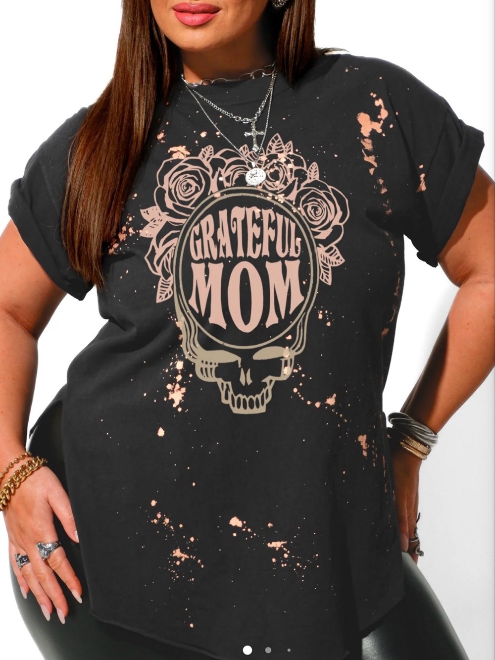 Grateful Mom Distressed Graphic Skull Tee Side Slits Raw Edges Goth Sz M